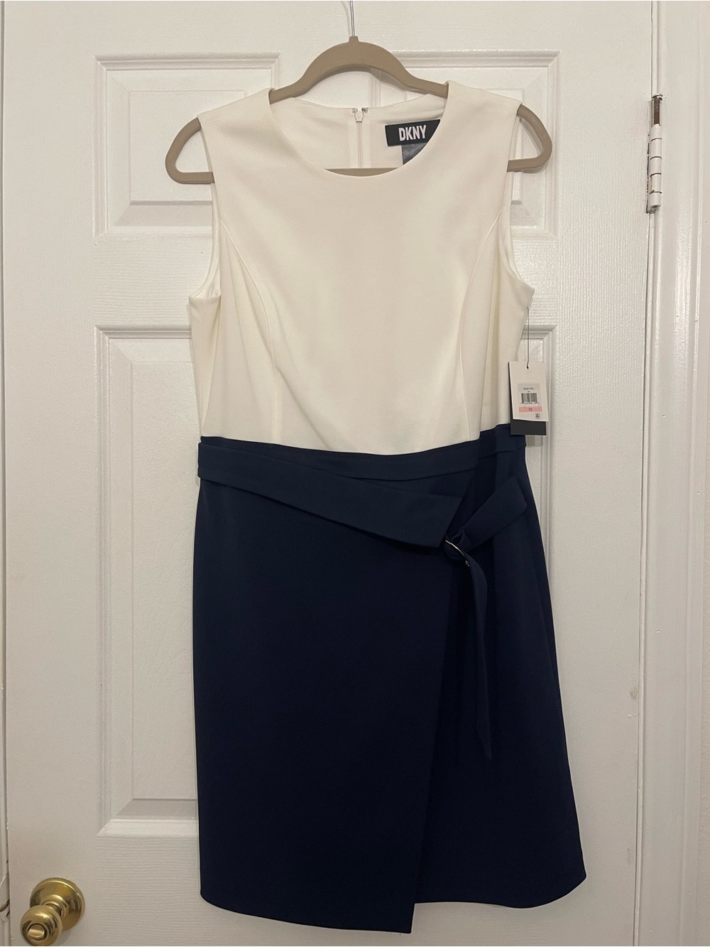 DKNY Two-Tone White and Navy Sleeveless Midi Dress with Wrap Detail